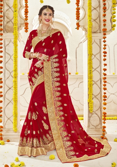 Red Faux  Georgette  Embroidered  Traditional  Saree 5902